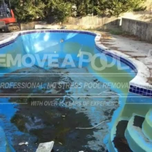 The pool has been drained, and equipment is ready for the next stage of the process. Pool in Potomac undergoing draining and preparation for demolition