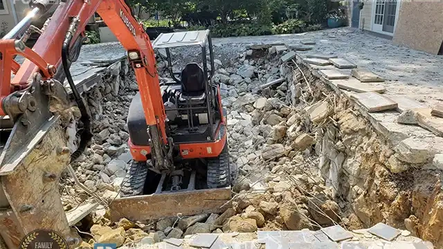 Step 6: We completely demolished the pool structure and the deck. The pool structure and deck were completely demolished.