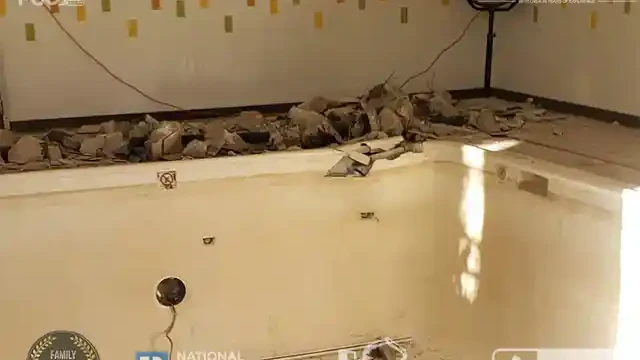We begin to break the part of the pool deck near the wall
